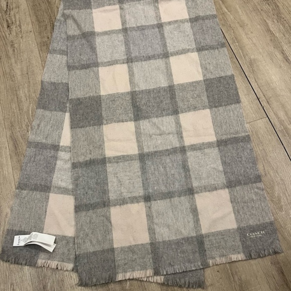 Coach Gray and Cream Checkered Scarf 95% Wool, 5% Cashmere